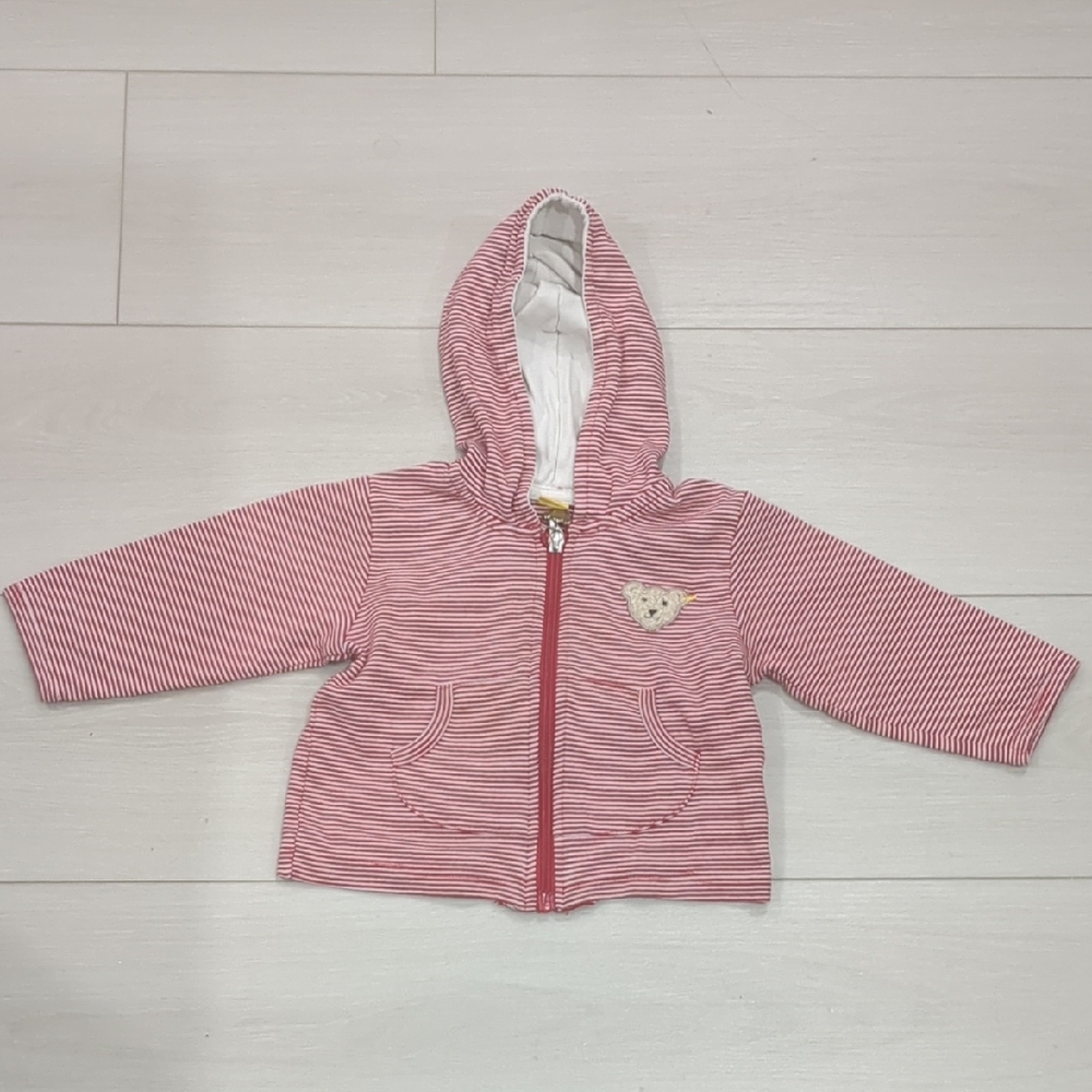 Striped Pink Baby Hoodie Jacket with Bear Patch